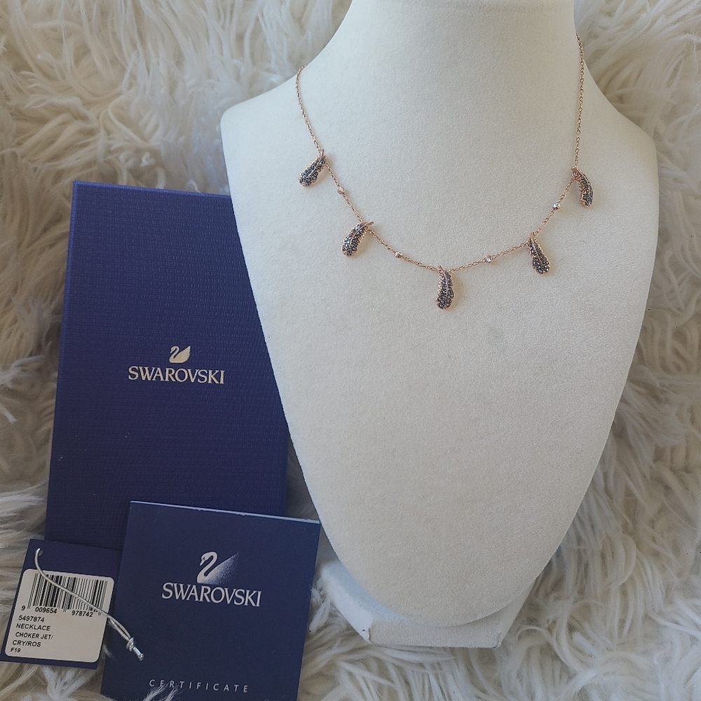 Swarovski Naughty Choker Feather Rose Gold Black Crystal Necklace- New In Box